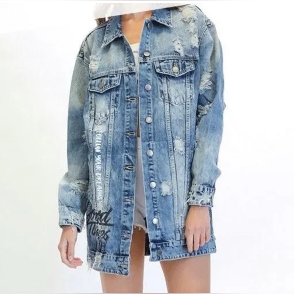Womens Oversized Distressed Denim Jacket Longline Relaxed Blue Cotton Casual S